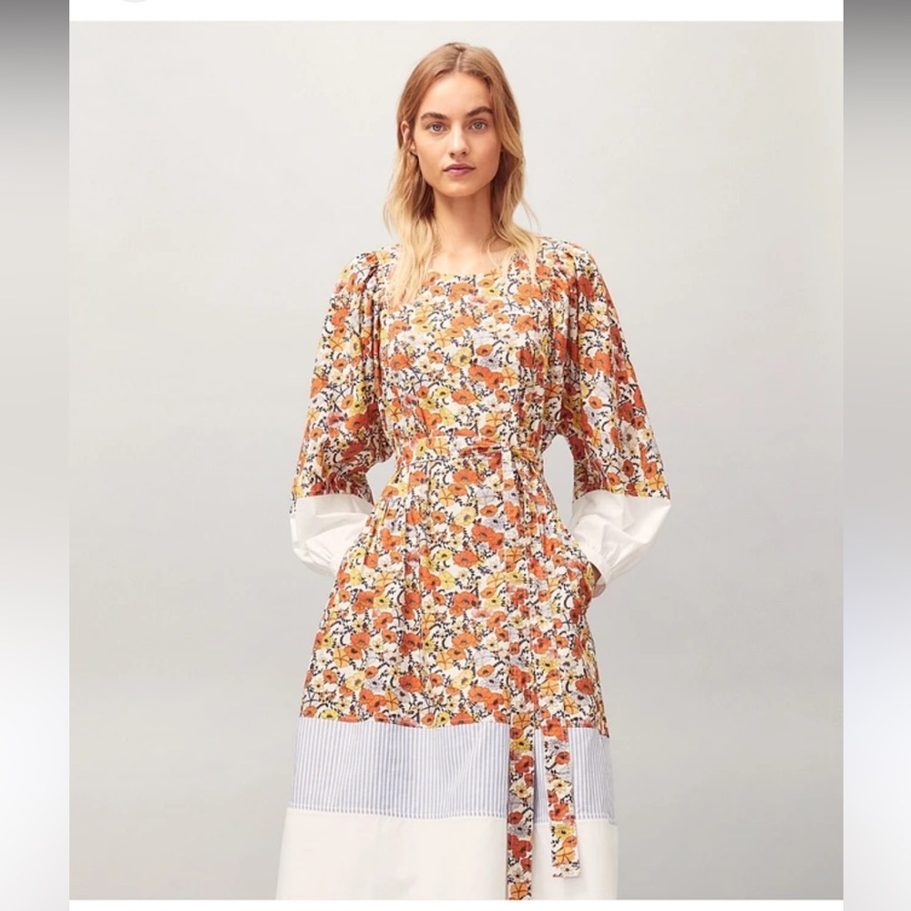 Tory Burch Orange and White Floral Long Sleeve Dress